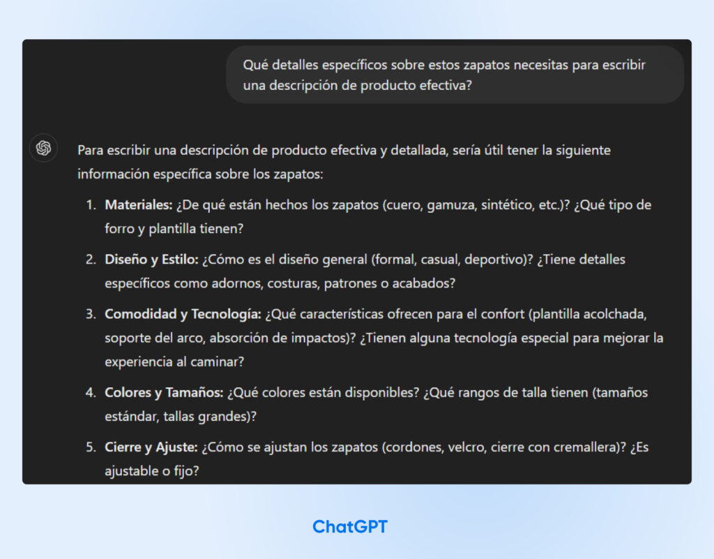 Salida de ChatGPT de una lista estructurada con viñetas de preguntas, categorizadas por el tipo de información que ChatGPT desea saber