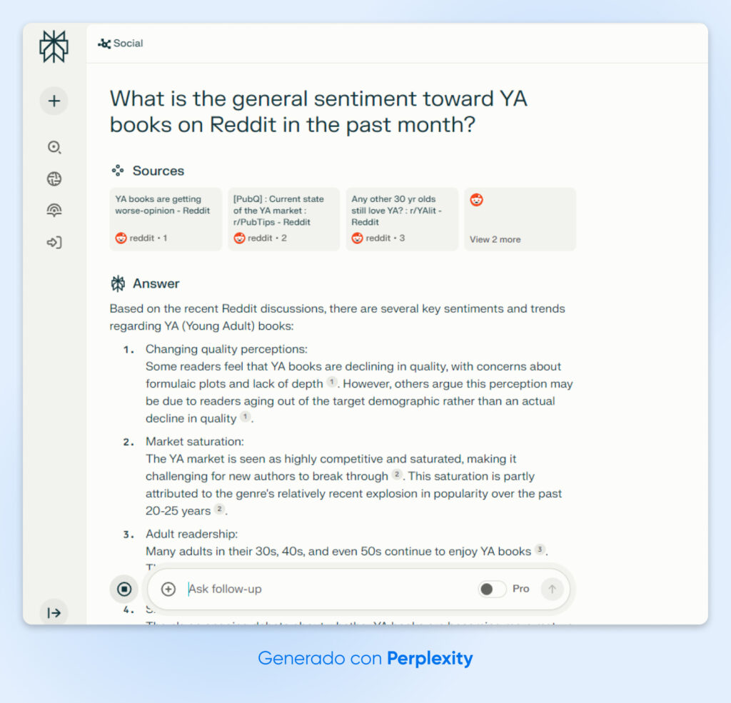 Captura de pantalla de Perplexity respondiendo "¿Cuál es el sentimiento general hacia los libros para jóvenes en Reddit en el último mes?" con un resultado de referencias obtenidas y síntesis