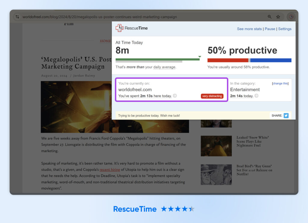 Captura de pantalla de la extensión RescueTime en una página sobre una película que muestra la URL del sitio web y una etiqueta que dice "muy distractor"