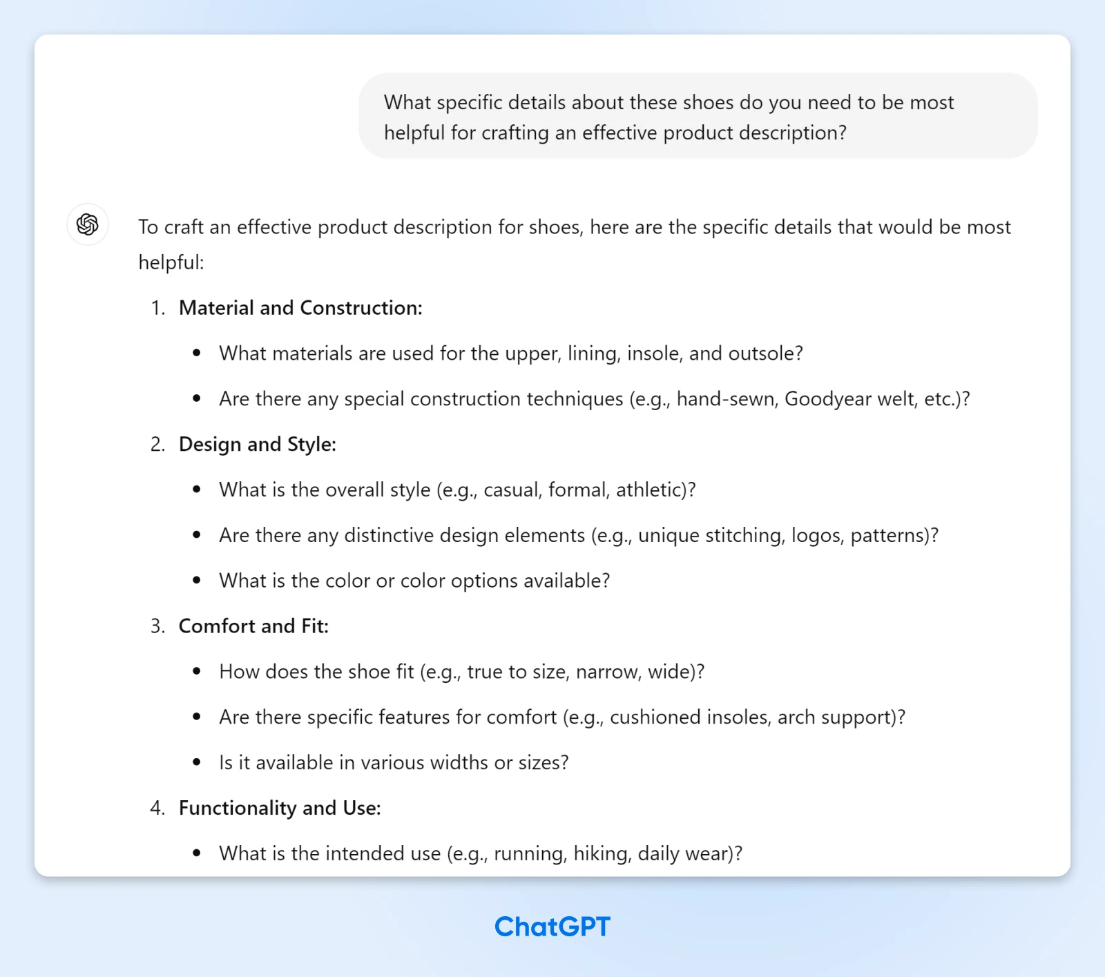 ChatGPT output of a structured bulleted list of questions, categorized by the type of information ChatGPT wants to know 