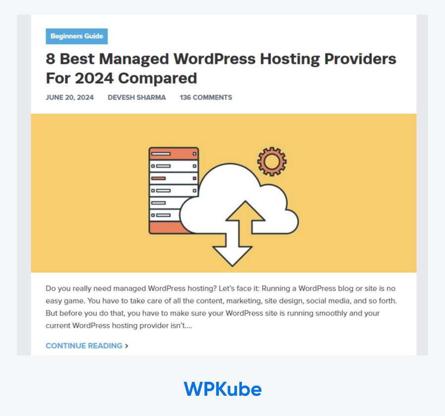 Screenshot of WPKube blog post titled "8 Best Managed WordPress Hosting Providers For 2024 Compared." 