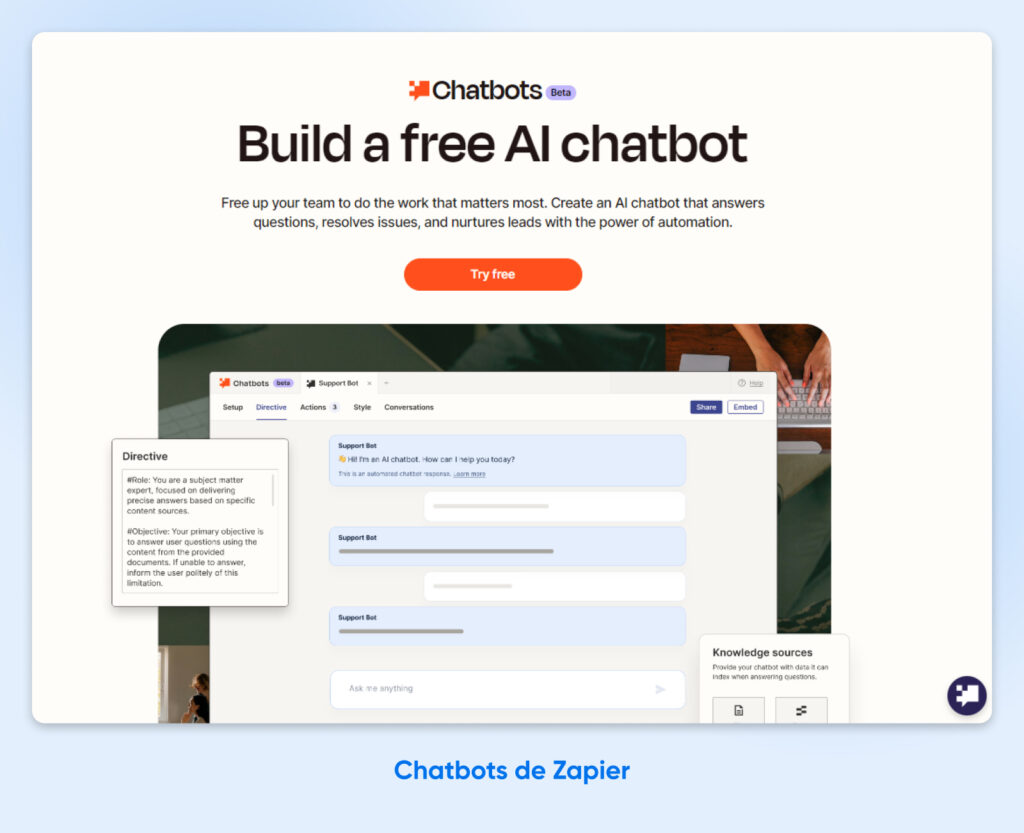 Captura de pantalla de la página de inicio de Zapier Chatbots con el título "Construya un chatbot de IA gratuito"