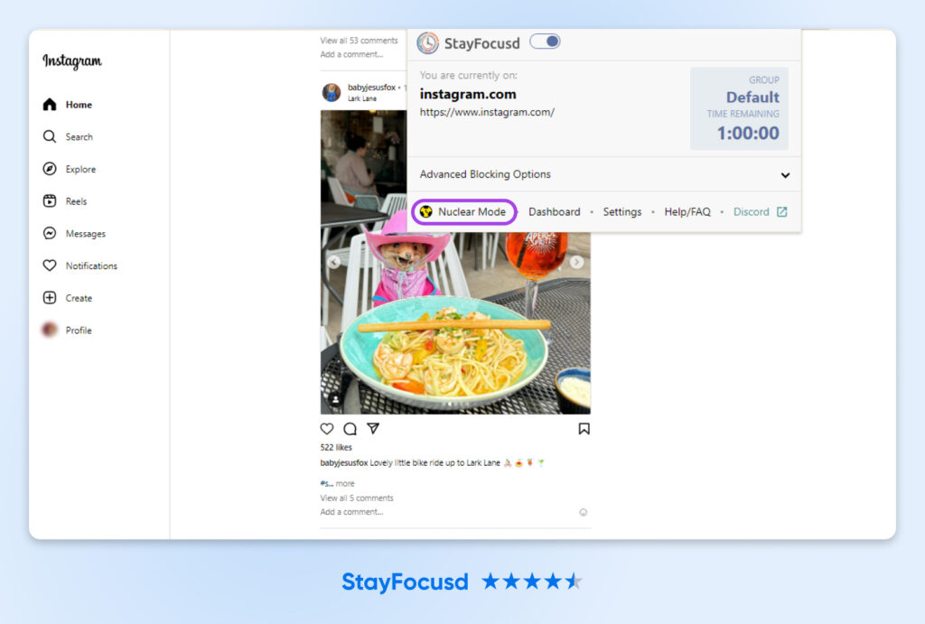 Captura de pantalla de la página de Instagram con la extensión StayFocused activada y la opción para elegir el modo nuclear resaltada