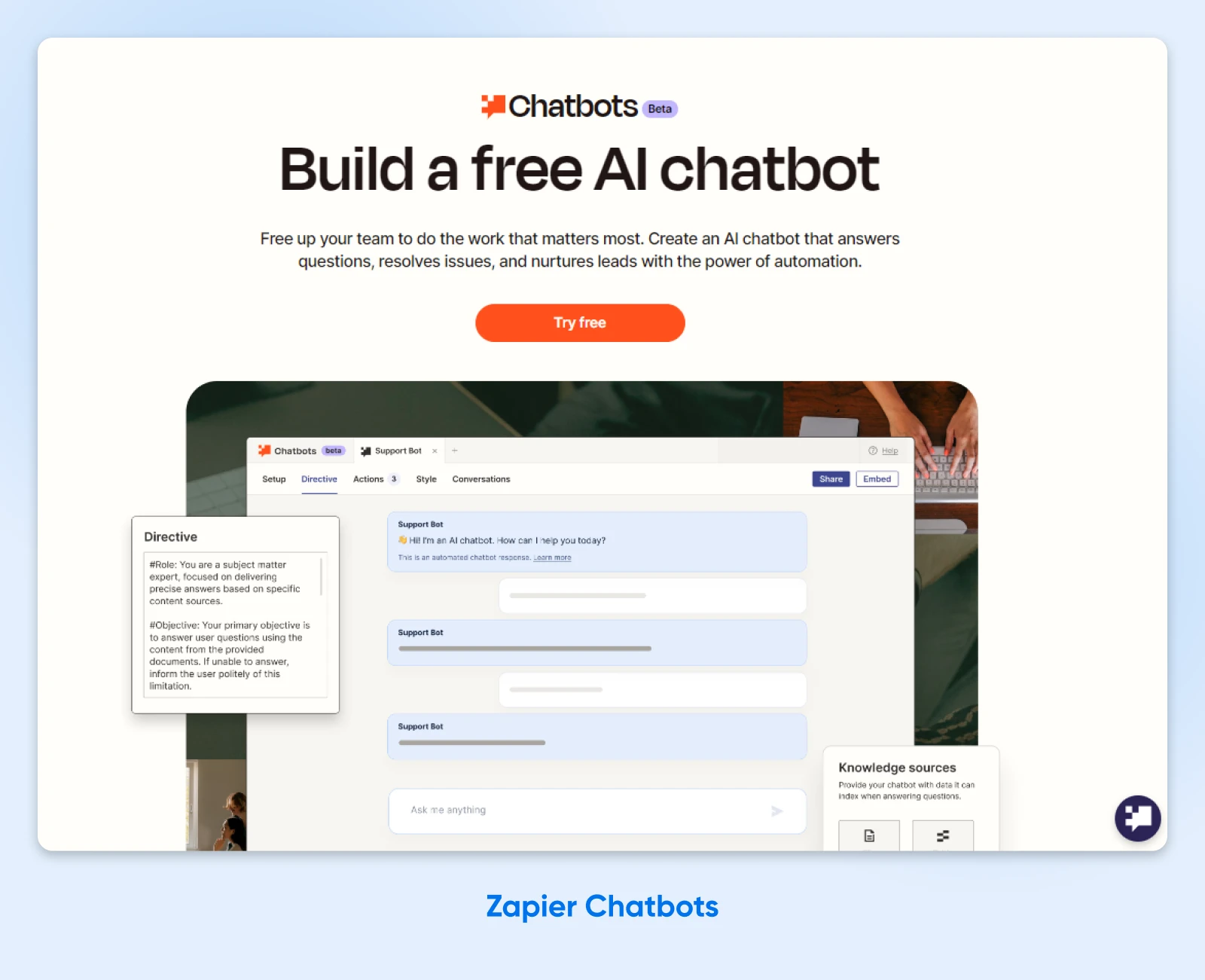 screenshot of Zapier Chatbots landing page with headline "Build a free AI chatbot" 