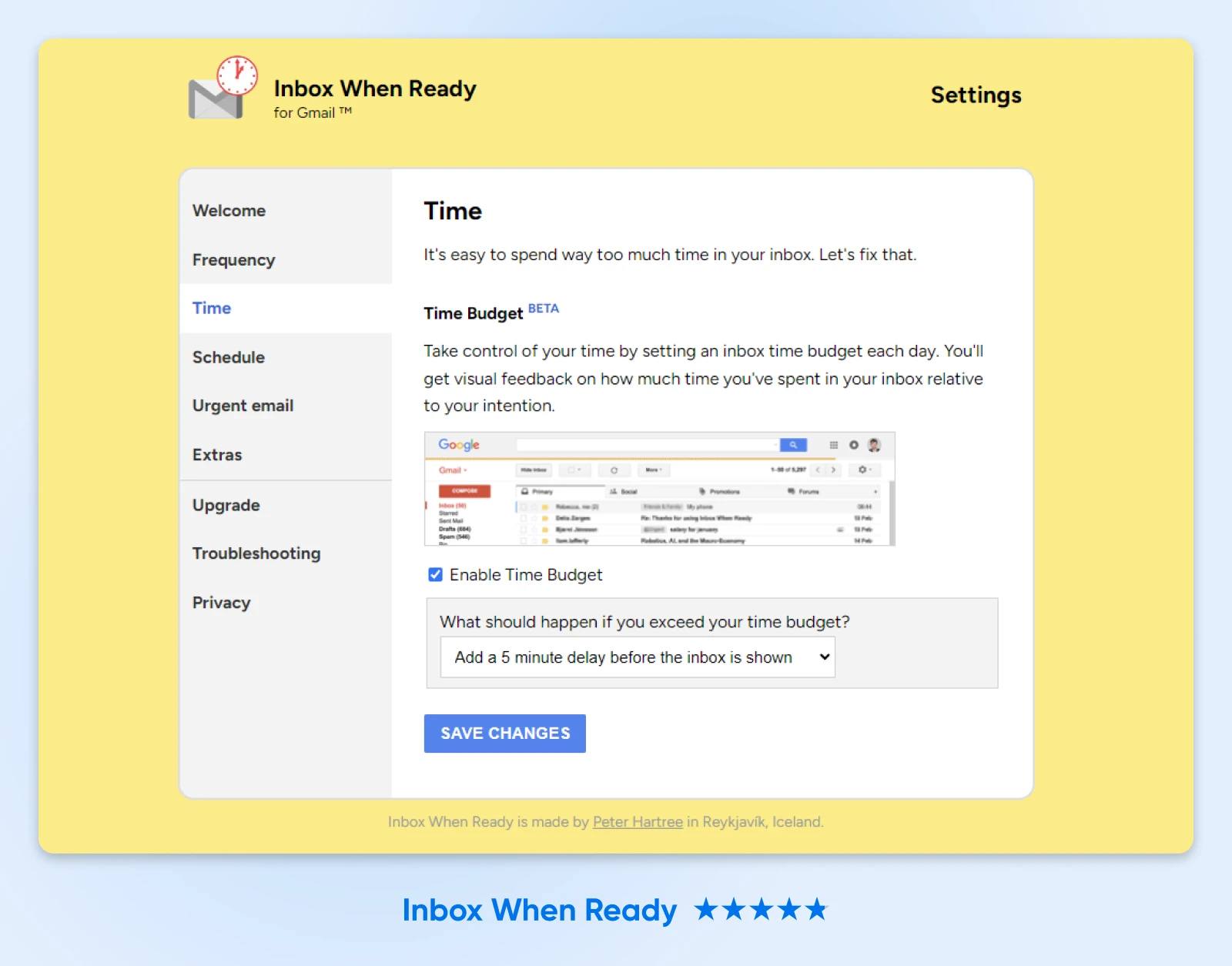 screenshot of the inbox when ready set up showing the time tab with time budget options