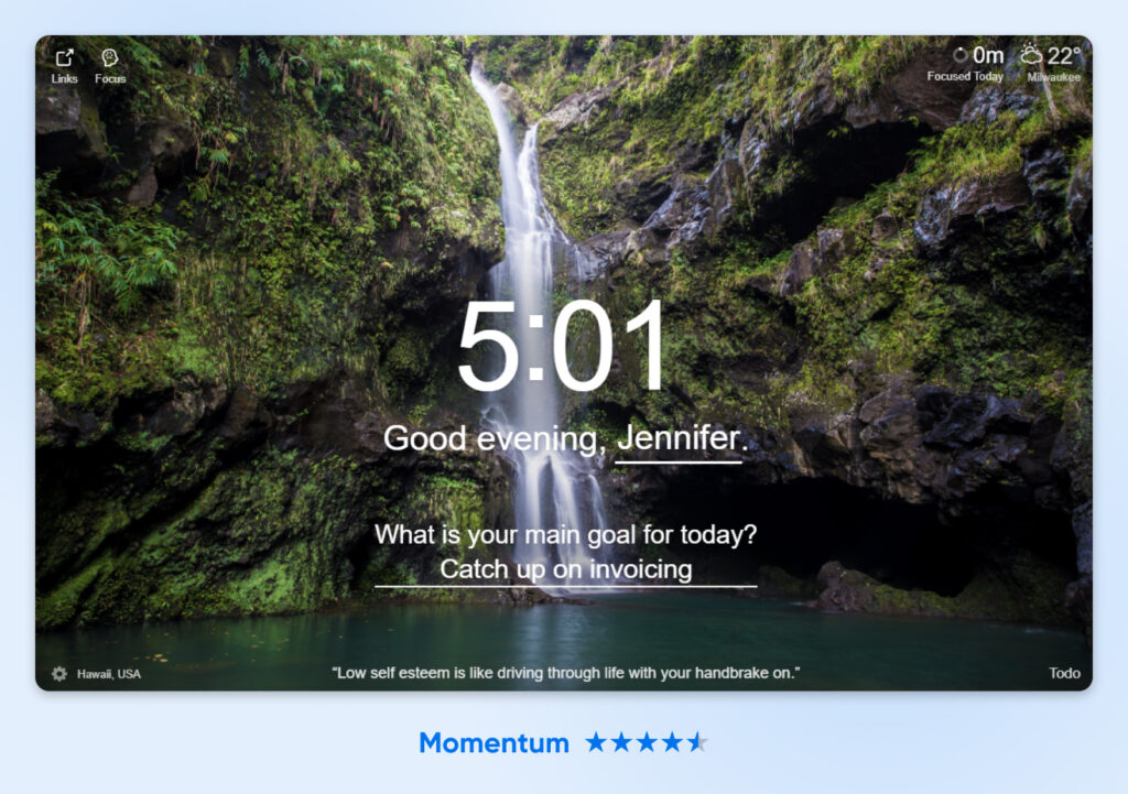 screenshot of the momentum homepage asking the user what their main goal is for today over a serene waterfall backdrop