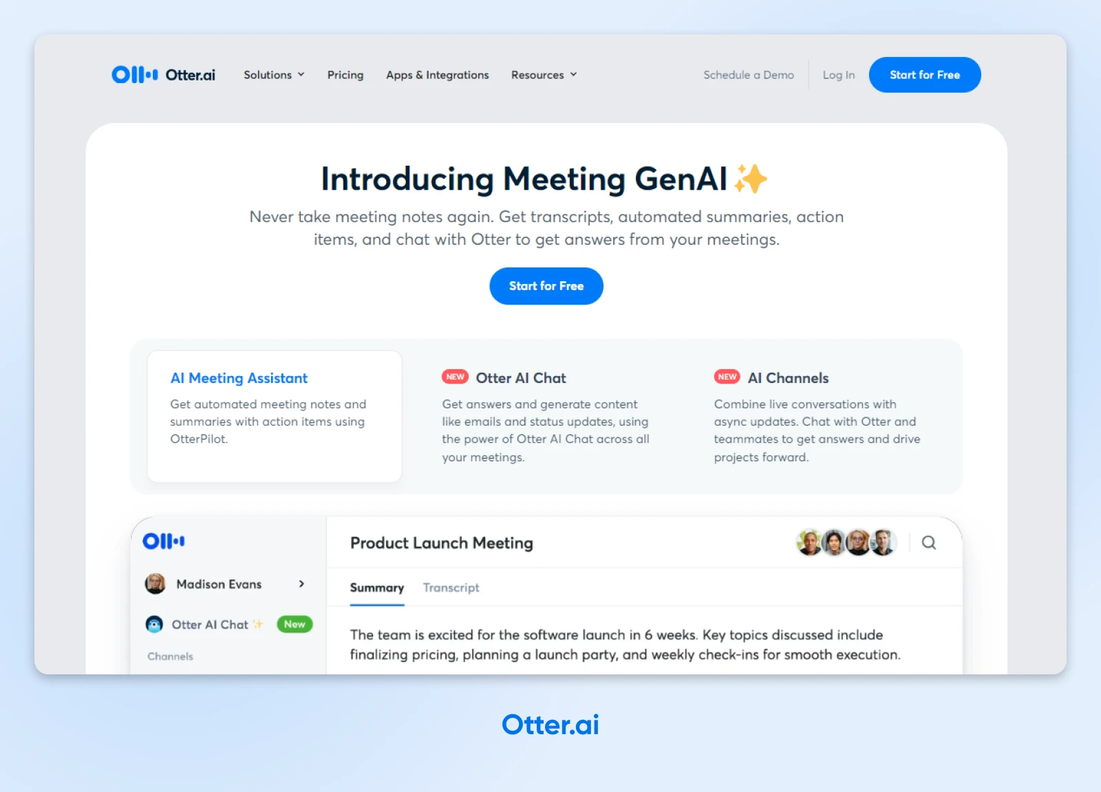 screenshot of otter.ai home page twith headline "Introducing Meeting GenAI" 