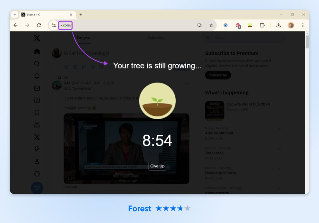 Captura de pantalla que muestra x.com en la URL y Forest mostrando una pantalla negra con una plántula y el título: "Tu árbol sigue creciendo..."