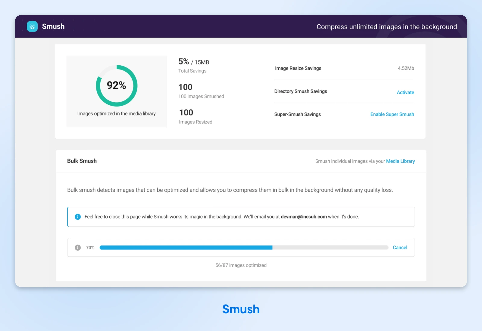 screenshot of Smush after running an optimization check showing 92% of images optimized in the image library