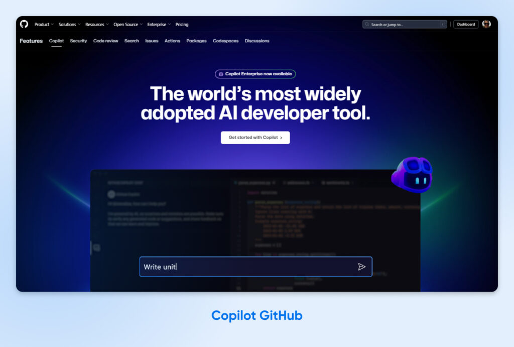 screenshot of GitHub Copilot landing page headline, "The world's most widely adopted AI developer tool." 