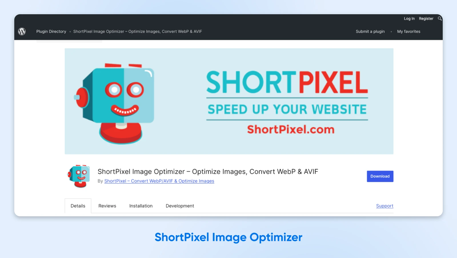 screenshot of ShortPixel homepage with heading "ShortPixel, speed up your website." 