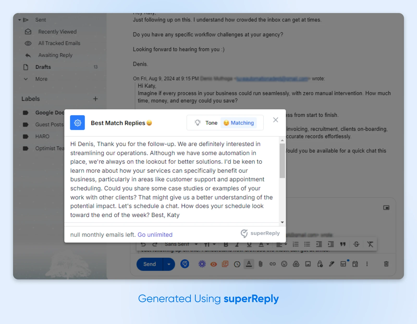 screenshot of superReply in action showing an AI generated response to a email in Gmail with a separate output box where the user can adapt tone