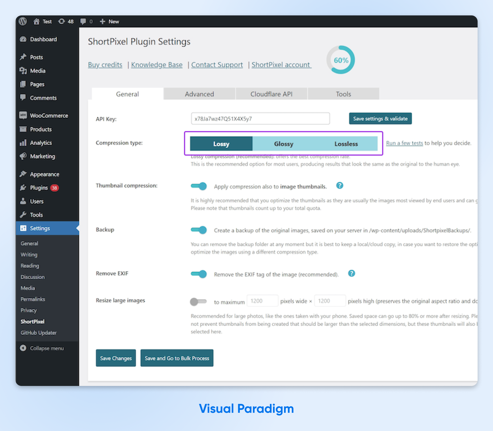 screenshot of ShortPixel plugin settings in WordPress with the "general" tab selected and three buttons available for selection for compression type