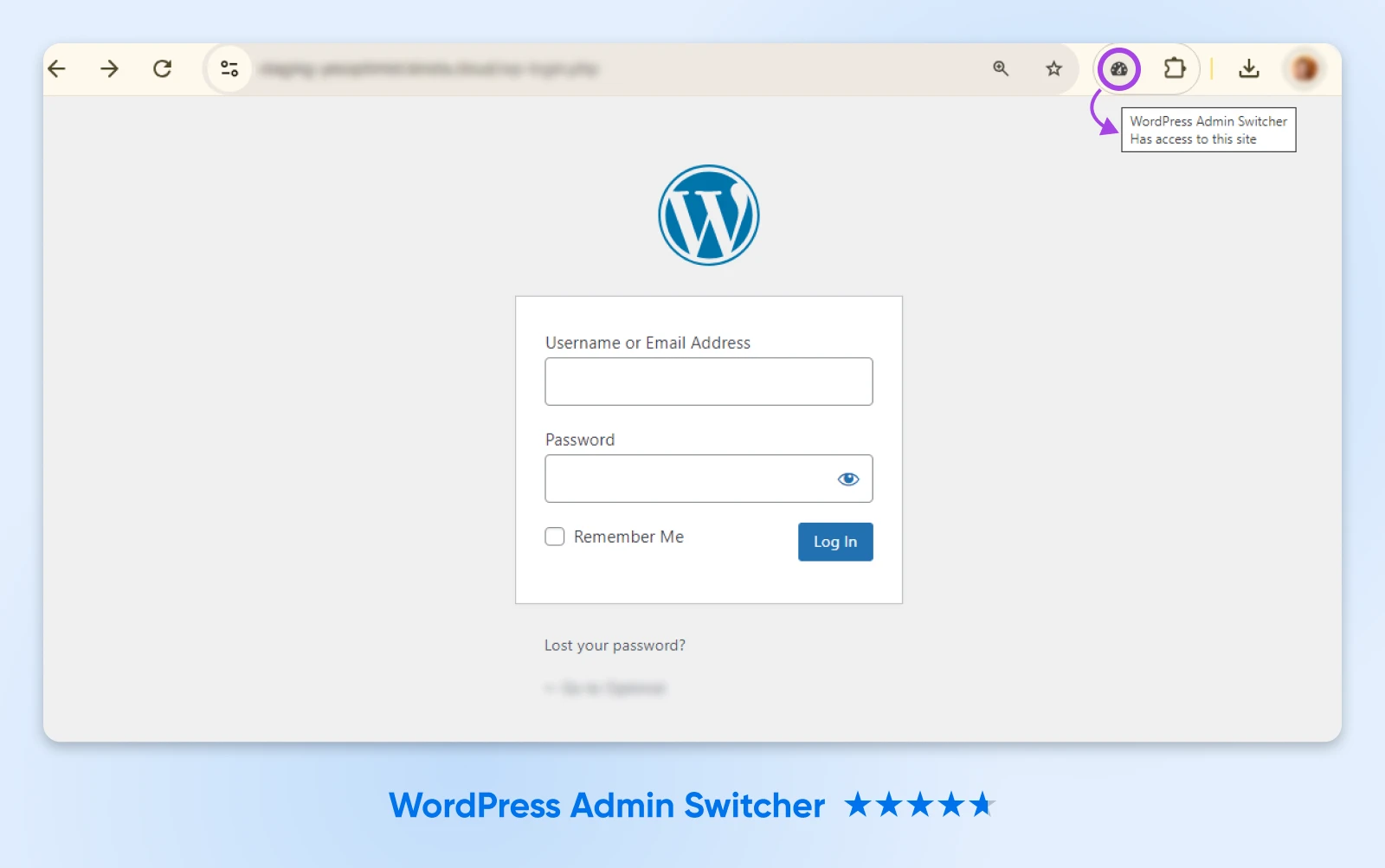 screenshot of a WordPress login screen with the Admin Switcher selected in the extensions menu 