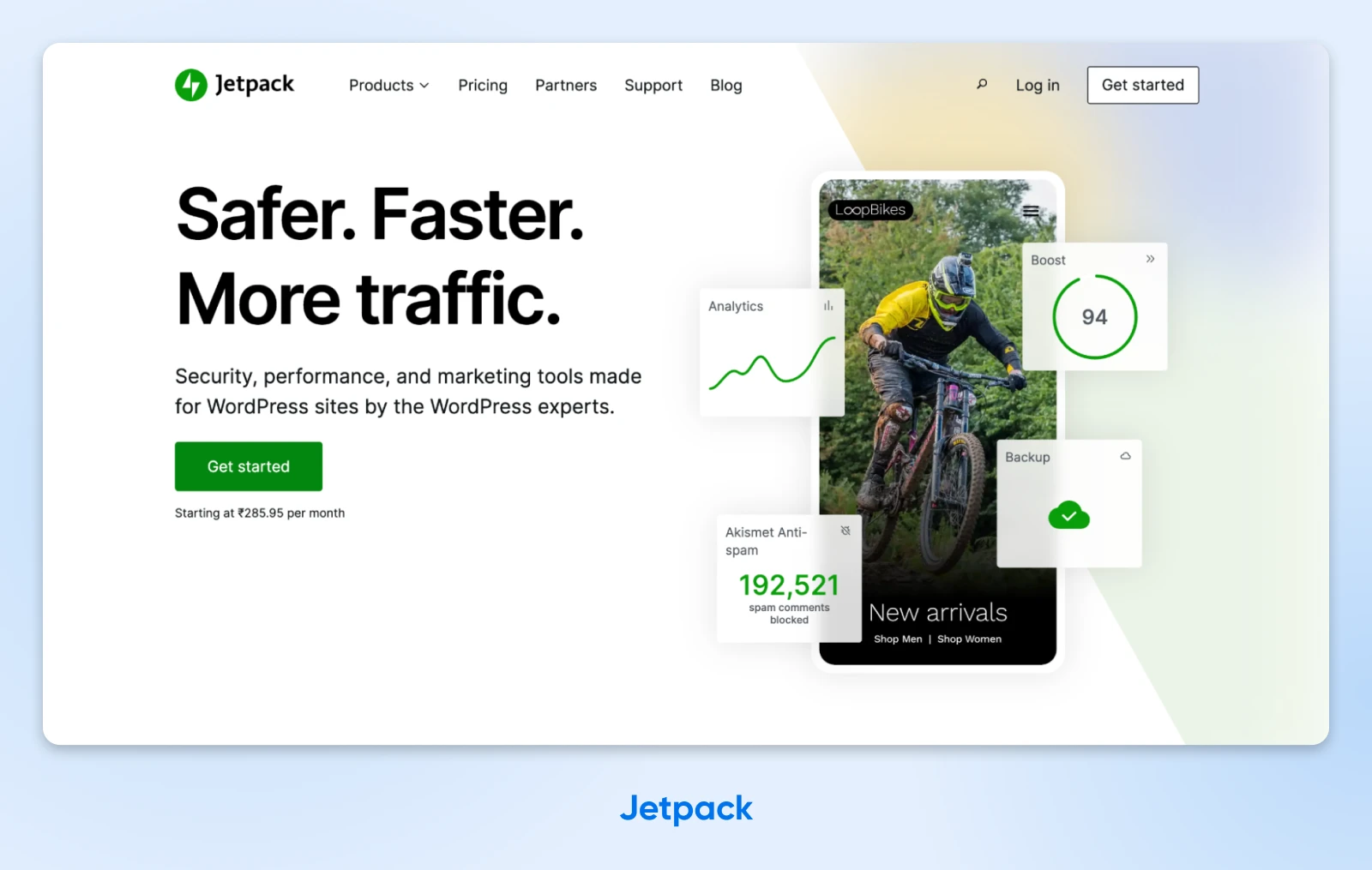 Screenshot of Jetpack homepage with heading "Safer. Faster. More traffic." 