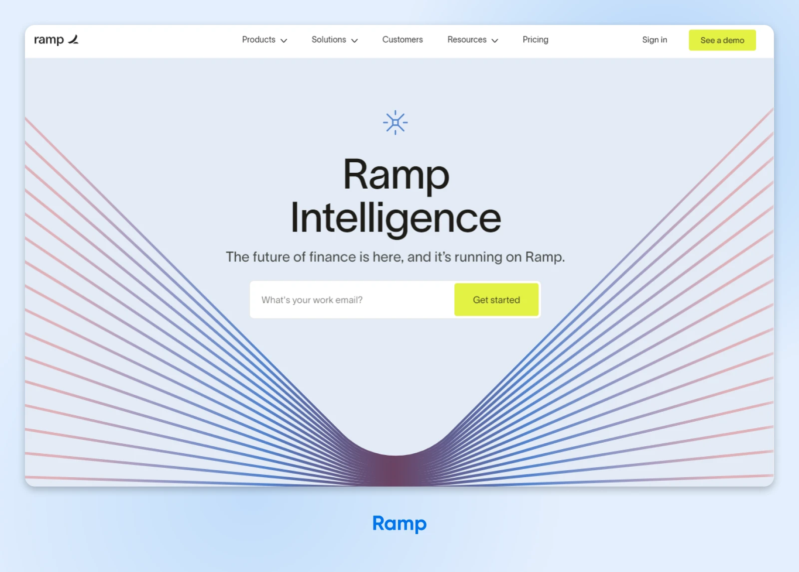 screenshot of Ramp Intelligence homepage with headline "The future of finance is here, and it's running on Ramp." 