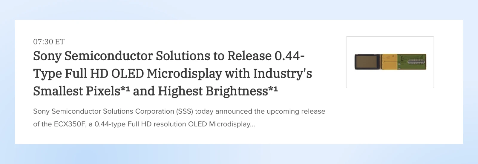 Sony Semiconductor Solutions to Release 0.44-Type Full HD OLED Microdisplay with Industry's Smallest Pixels and Highest Brightness