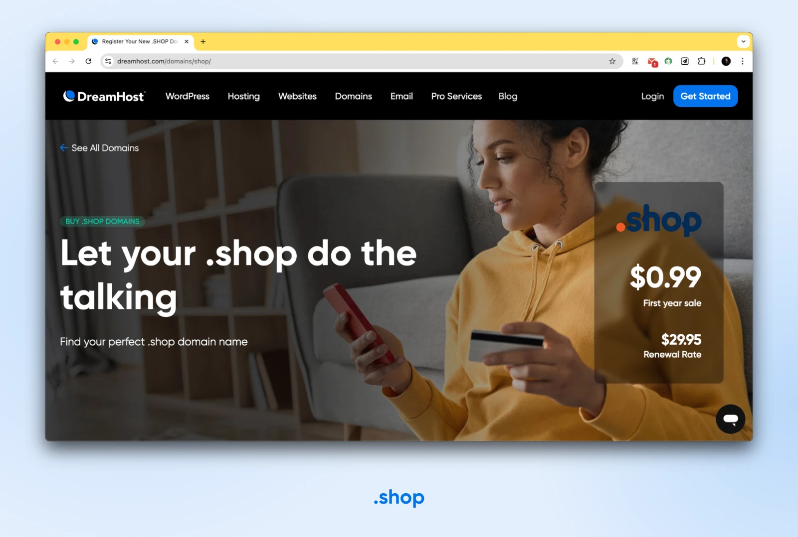 DreamHost screenshot heading "Let your shop do the talking; Find your perfect .shop domain name" 