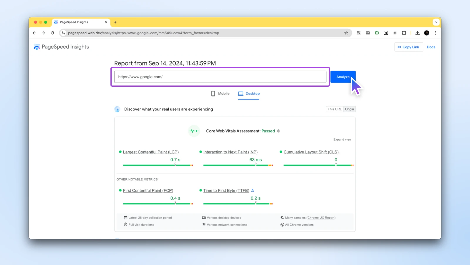 Screenshot of PageSpeed Insights report for https://www.google.com with a "passed" score for Core Web Vitals accessment