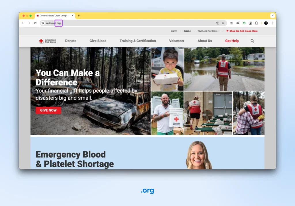 screenshot of redcross.org with the .org boxed. Heading "You Can Make a Difference" 