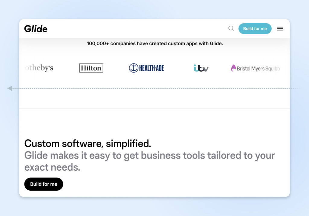 Captura de pantalla del desplazamiento continuo de Glide que muestra "Más de 100 000 empresas han creado aplicaciones para clientes con Glide", incluidas Hilton y Bristol Myers