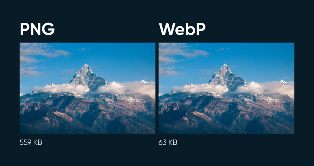 PNG vs. WebP, donde PNG tiene 559 KB y WebP tiene 63 KB, pero sin ninguna pérdida de claridad, tamaño, etc.