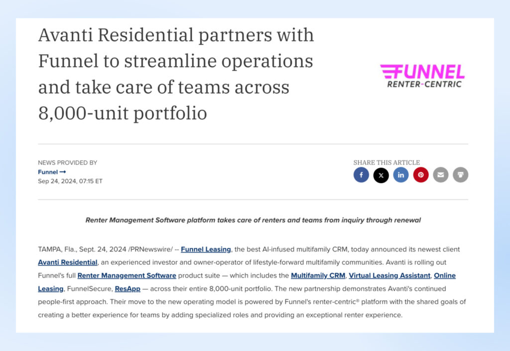 Funnel Leasing, el mejor CRM multifamiliar con infusión de IA, anunció hoy su nuevo cliente, Acanti Residential, un inversor experimentado y propietario-operador de comunidades multifamiliares de estilo de vida vanguardista...