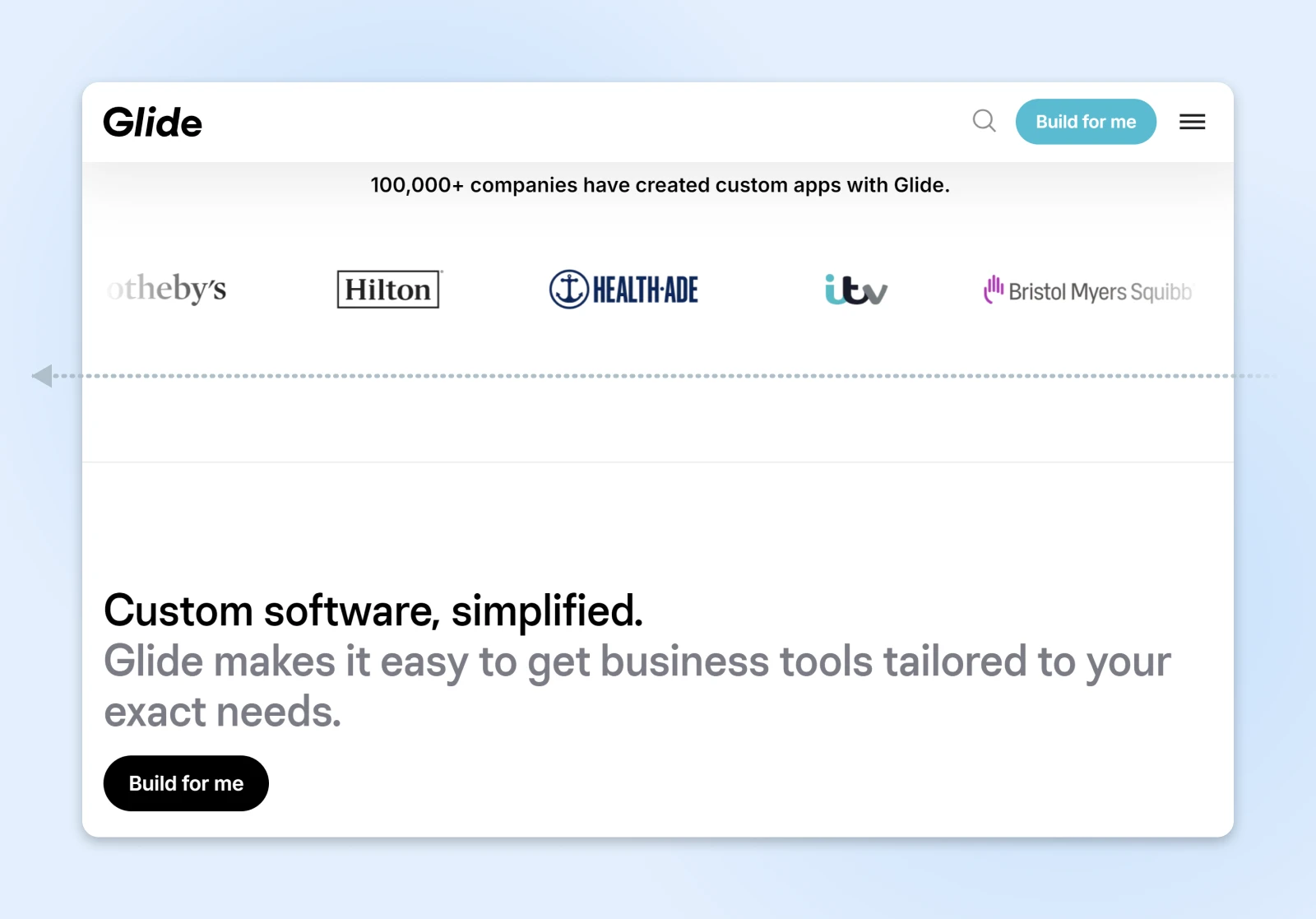 screenshot of Glide's running scroll of "100,000+ companies have created customer apps with Glide" including Hilton and Bristol Myers