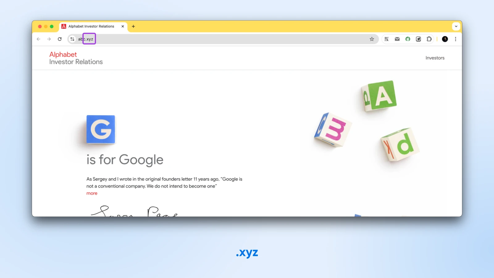 screenshot of abc.xyz with .xyz boxed. Heading G is for Google. 