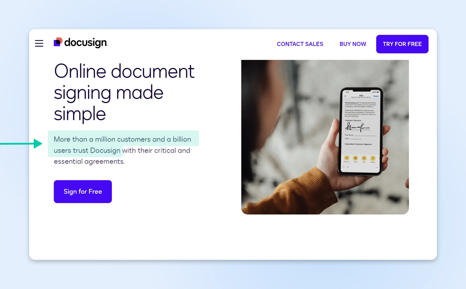 Screenshot from a Docusign webpage stating: Online document signing made simple; more than a million customers and a billion users trust Docusign. 