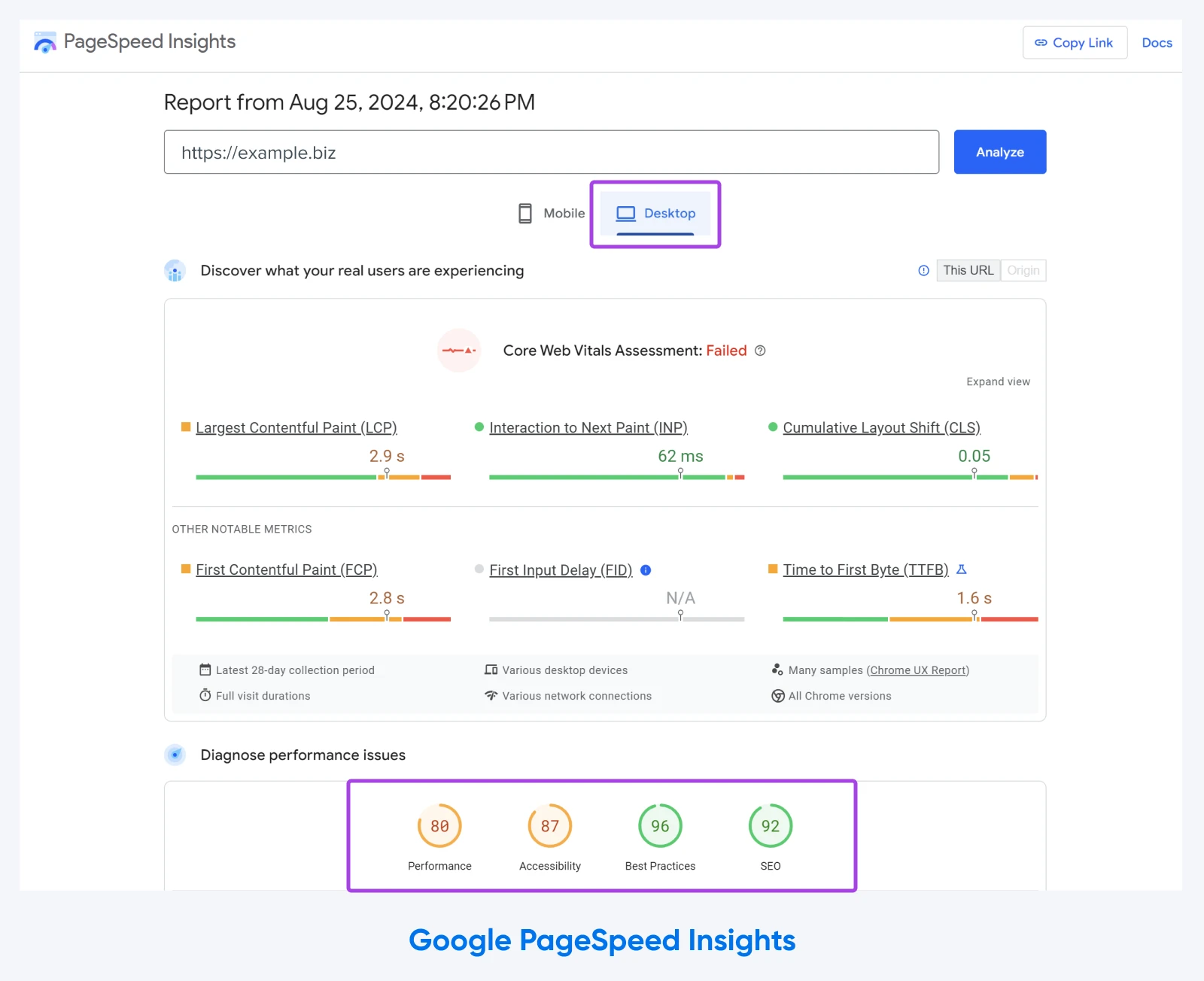 Google PageSpeed Insights showing a pagespeed report with desktop toggled 