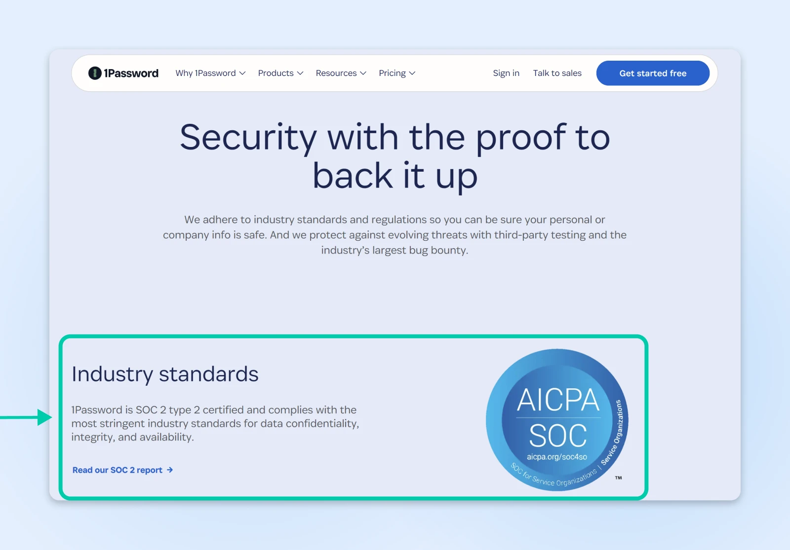 Screenshot from 1Password's securities page with a AICPA SOC badge next to "Industry standards: 1Password is SOC 2 type 2 certified..." 