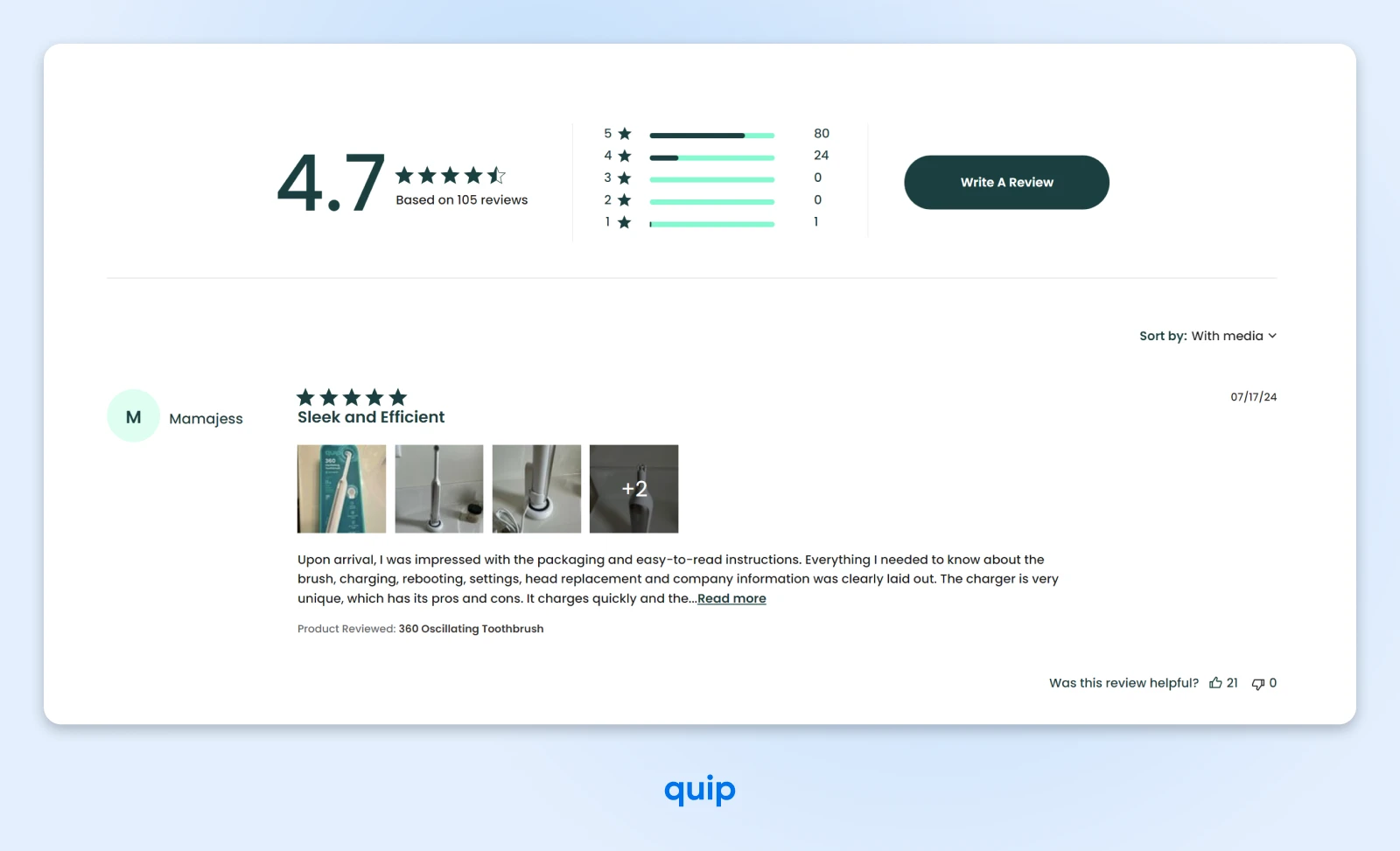 screenshot of customer reviews on quip showing an average rating of 4.7 out of 5 stars