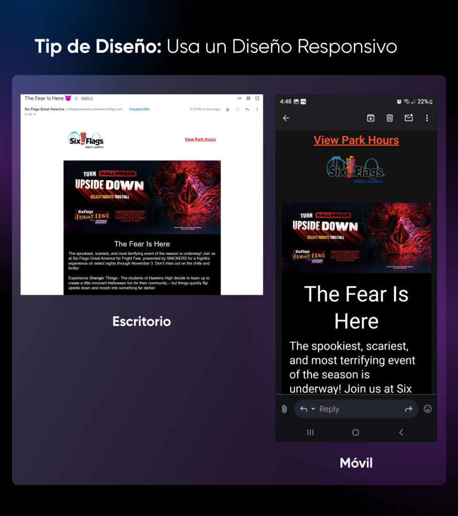 Diseño responsive que muestra un correo electrónico de Six Flags en escritorio y la adaptación de ese diseño en móvil, con algunos reajustes para aprovechar mejor el espacio. 