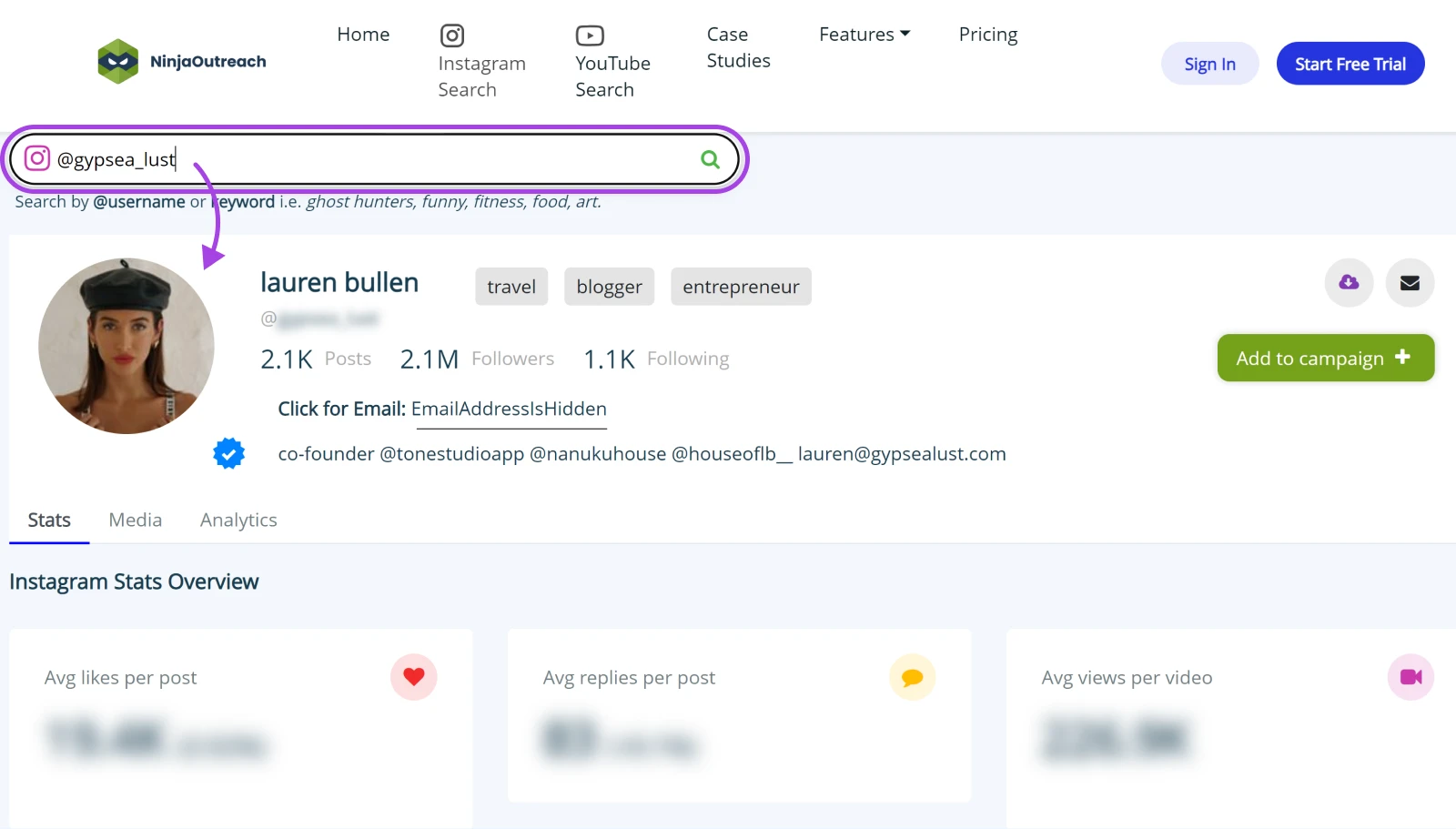 screenshot of NinjaOutreach with search @gypsea_lust showing the results for Lauren Bullen and KPIS like # of posts, followers, avg. replies per post and more