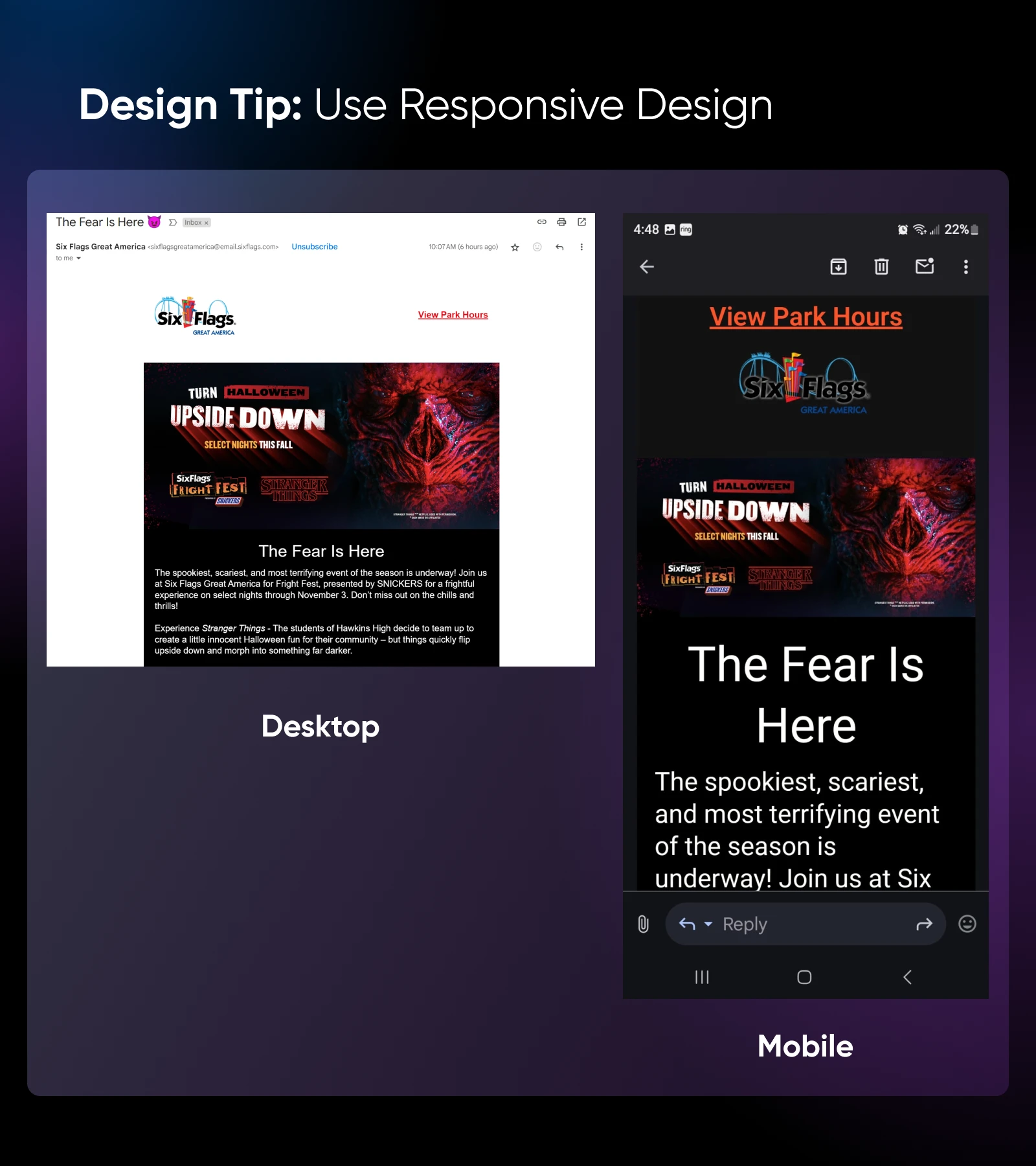 Responsive design showing an email from Six Flags on desktop and the adaptation of that design on mobile with some rearranging to capitalize on the space