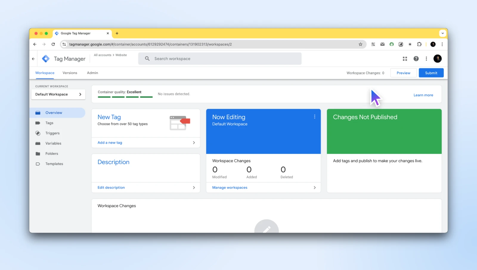 screenshot of the Google Tag Manager dashboard on the "overview" tab 