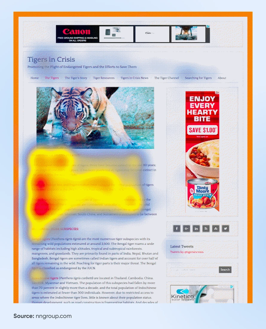 Heatmap over an article showing the areas readers naturally send the most time on when reading, which creates an F like pattern; scan the top, move down, then right, then down 