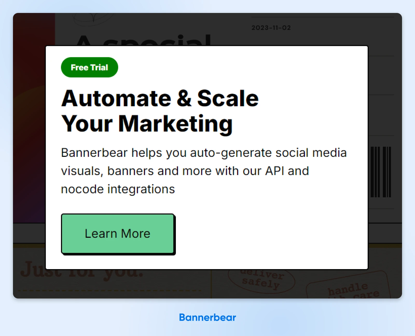 Screenshot of a Bannerbear pop up mid blog post read, button "free trial" and header "Automate & scale your marketing" 