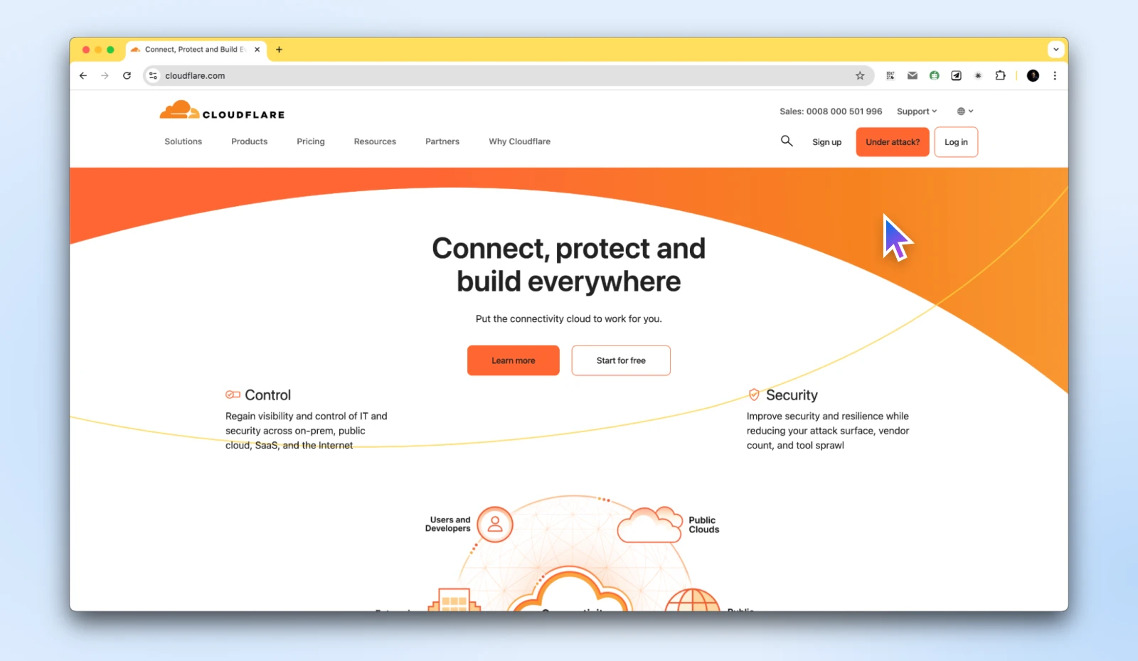 Screenshot of CloudFare's home page with heading Connect, protect, and build everywhere