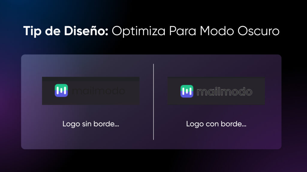 El lado izquierdo muestra un logotipo que aparece en modo oscuro sin un borde y es apenas legible, mientras que en el lado derecho se muestra un logotipo con un borde blanco para que sea visible en modo oscuro.