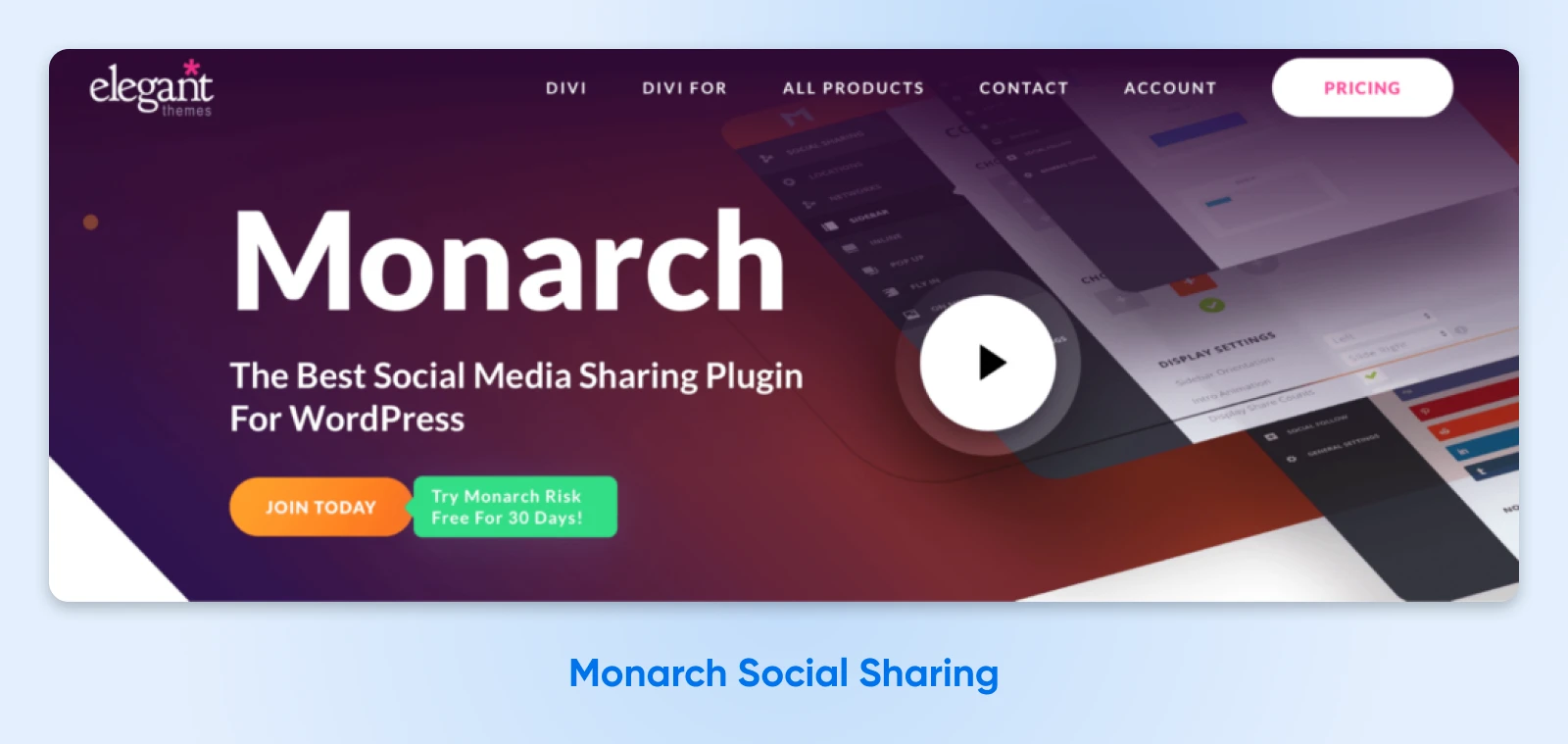 Screenshot of Monarch Social Sharing homepage with heading: the best social medial sharing plugin for WordPress