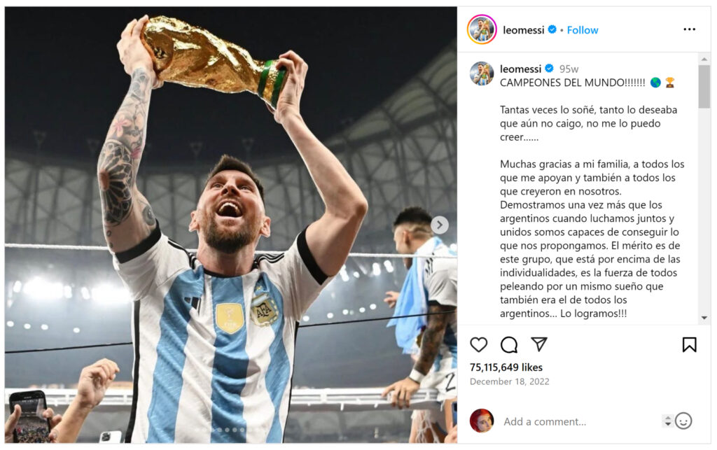  Captura de pantalla de la publicación de @leomessi del 18 de diciembre de 2022 sobre la victoria en la Copa del Mundo, escrita en español.