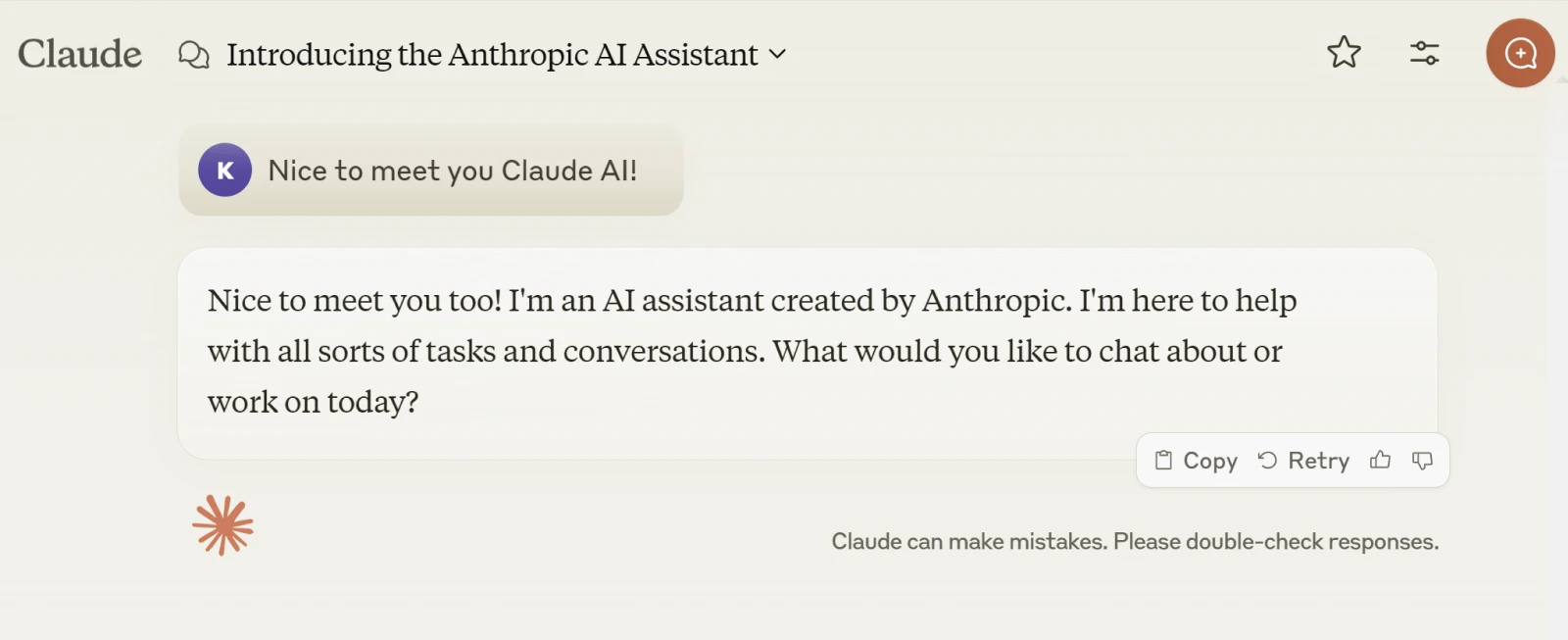 Screenshot of ClaudeAI, input: Nice to meet you Claude with response, "Nice to meet you too!" 