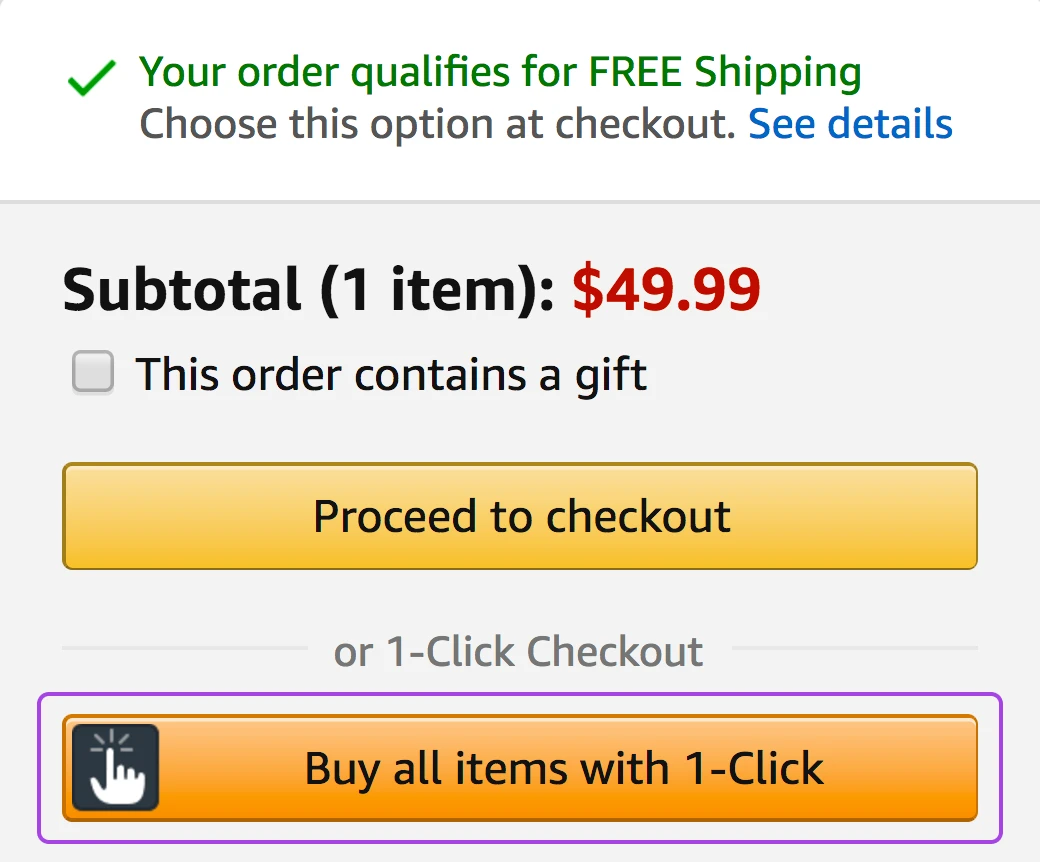 Screenshot of an Amazon checkout side bar the option to "Buy all items with 1-Click" highlighted