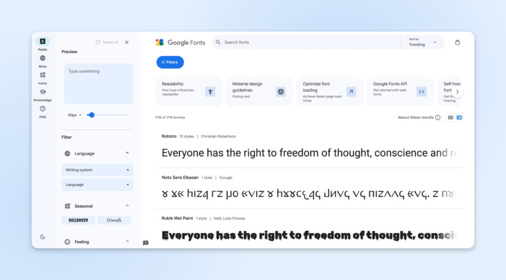 Ejemplo de diferentes fuentes de Google mostrando la frase "Everyone has the right to freedom of thought" en tres tipos de fuentes diferentes.