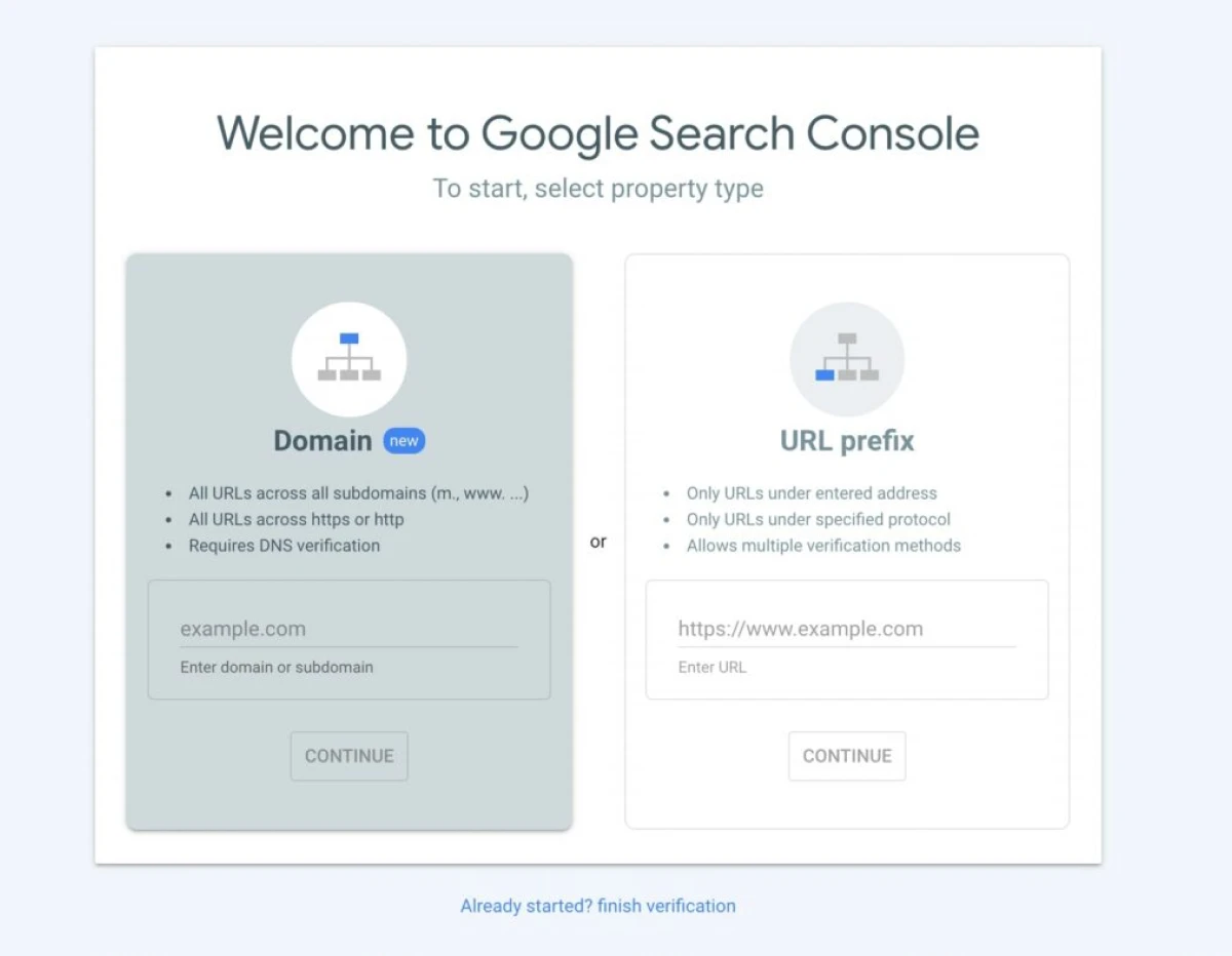 скриншот с "приветствием в Google Search Console" с двумя типами настройки свойства: "домен" и "URL-префикс"