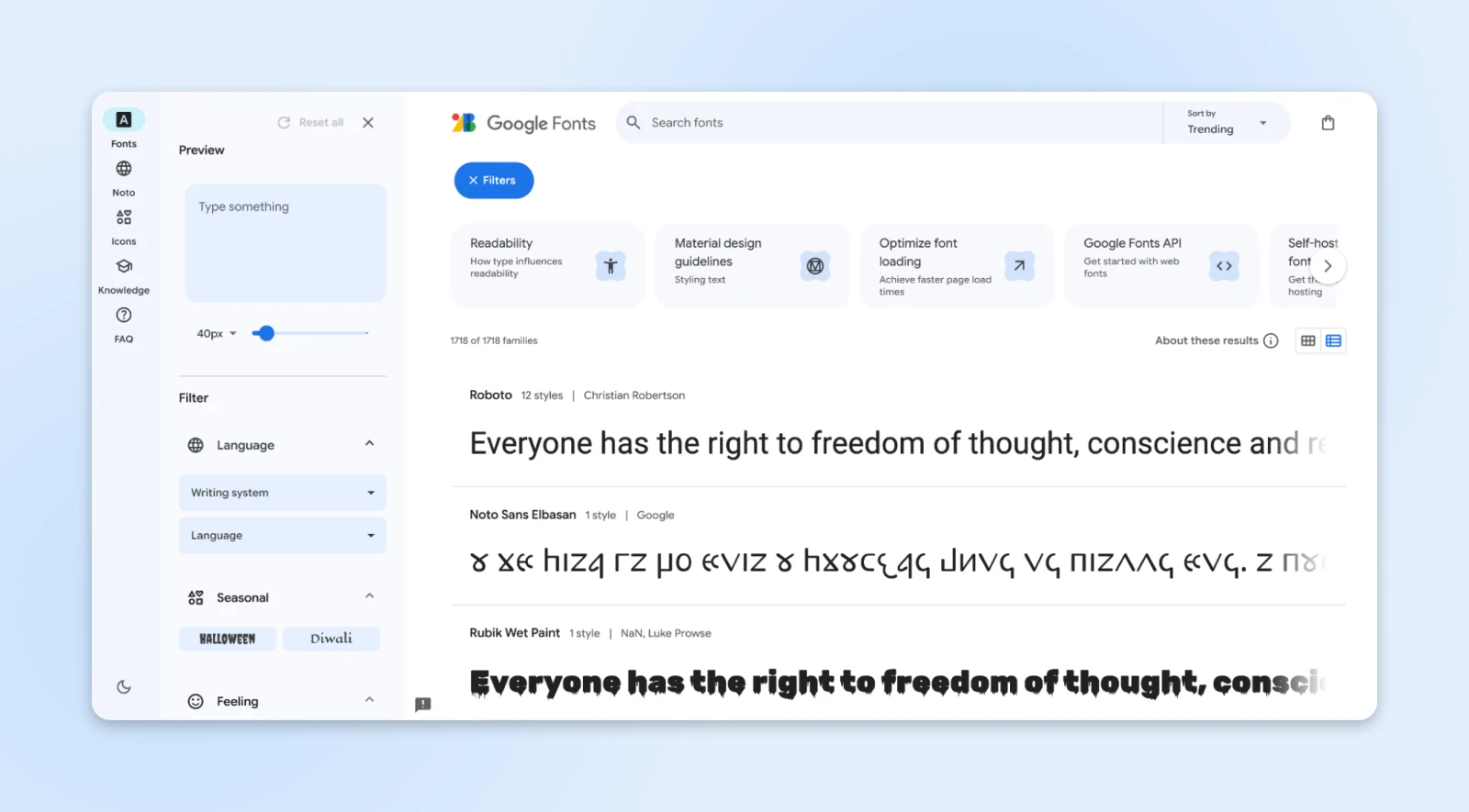 example of different Google fonts showing the example using the sentence "Everyone ha the right to free of thought" in three different font types