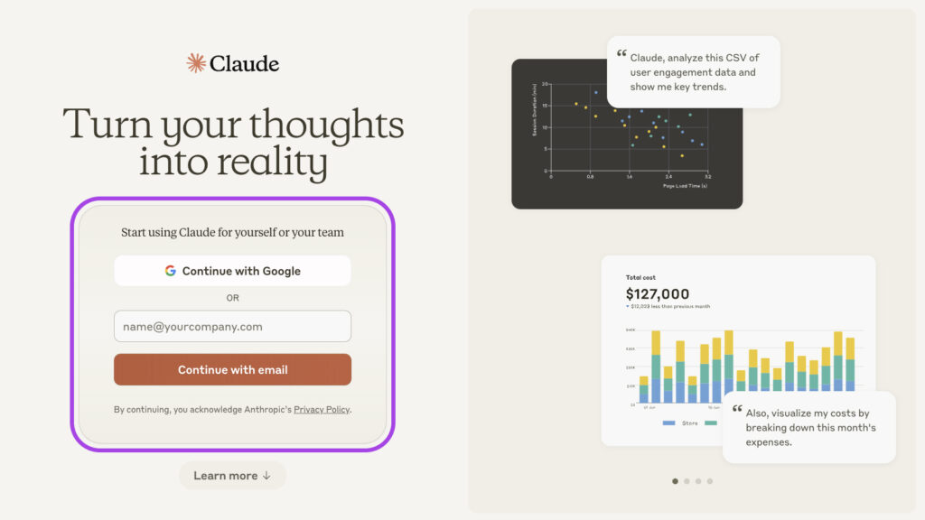 Pantalla de registro de ClaudeAI que llama la atención hacia el lado izquierdo de la pantalla. Opciones: Continuar con Google o ingresar tu correo electrónico.