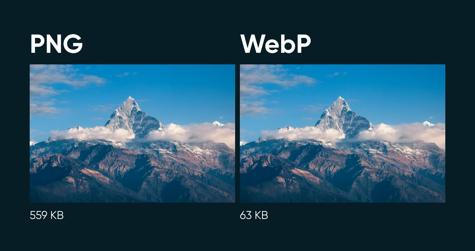 PNG vs. WebP where PNG is 559 KB and WebP is 63 KB but without any loss of clarity, size, etc. 